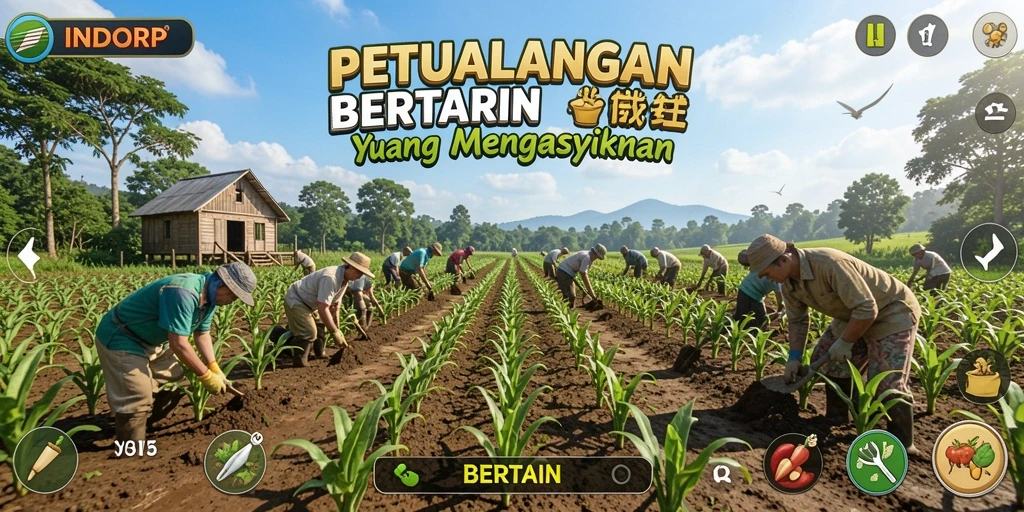 Tampilan antarmuka permainan INDORP dengan fitur Bertani yang menarik.