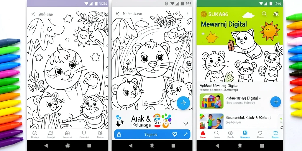 Antarmuka aplikasi Mewarnai Digital SUKA86 dengan pilihan gambar yang menarik.